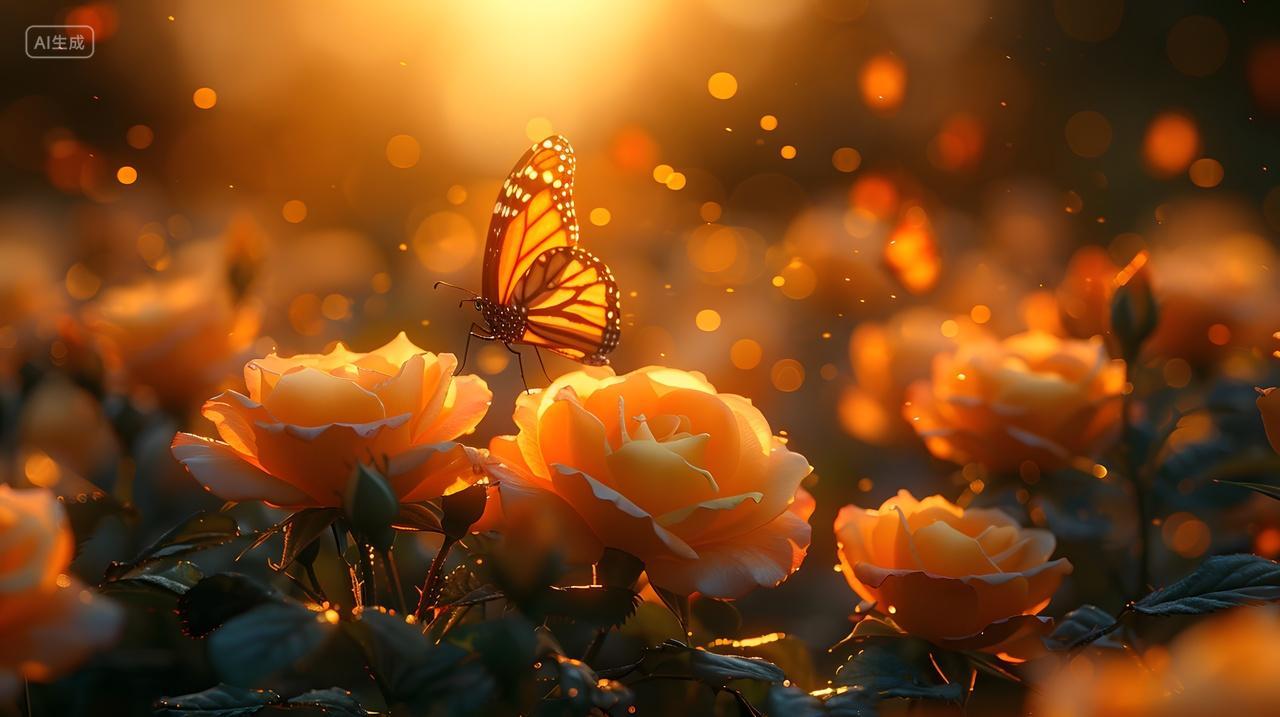 夕阳下的橙色玫瑰花丛与蝴蝶自然风景