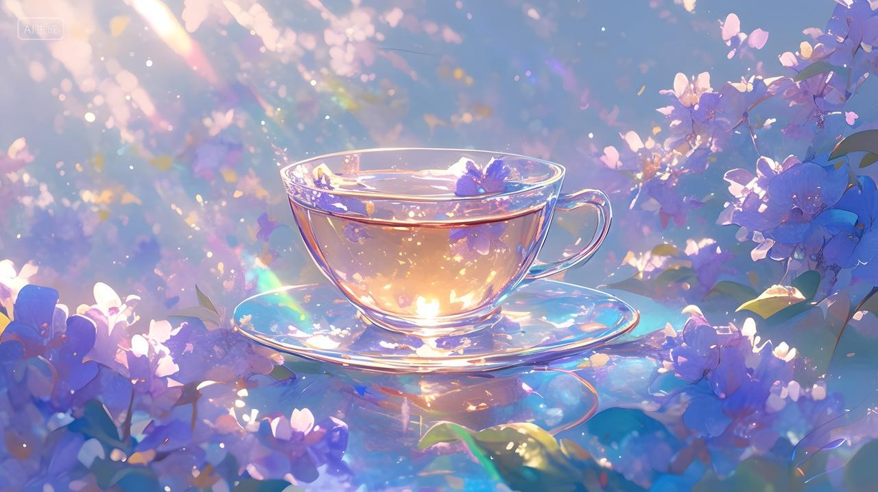梦幻紫色花海中的透明茶杯背景图