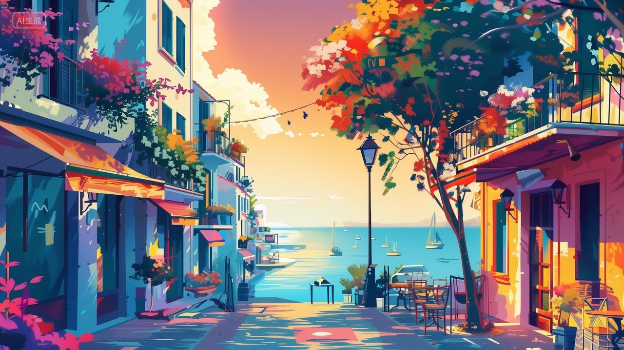 海边小镇的黄昏街景