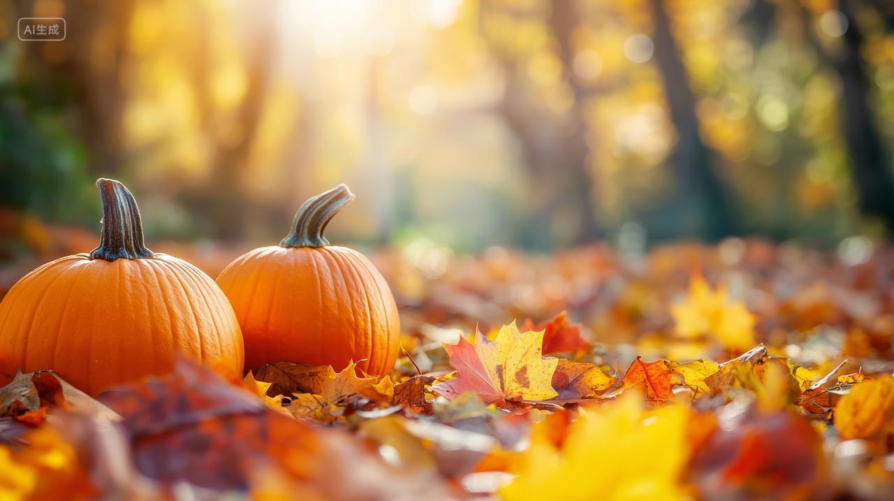 秋天来了地面上的枫叶南瓜落叶