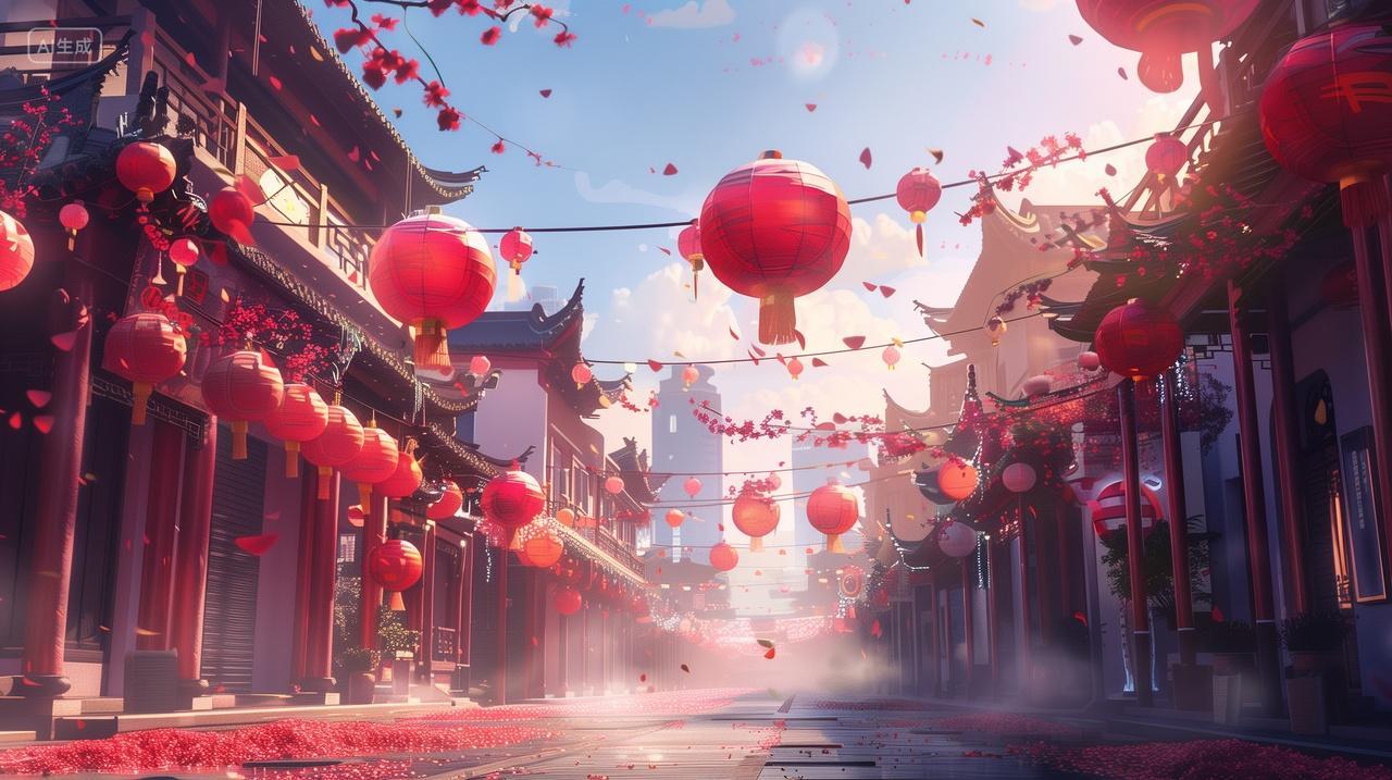 古镇春节装饰红灯笼与节日气氛