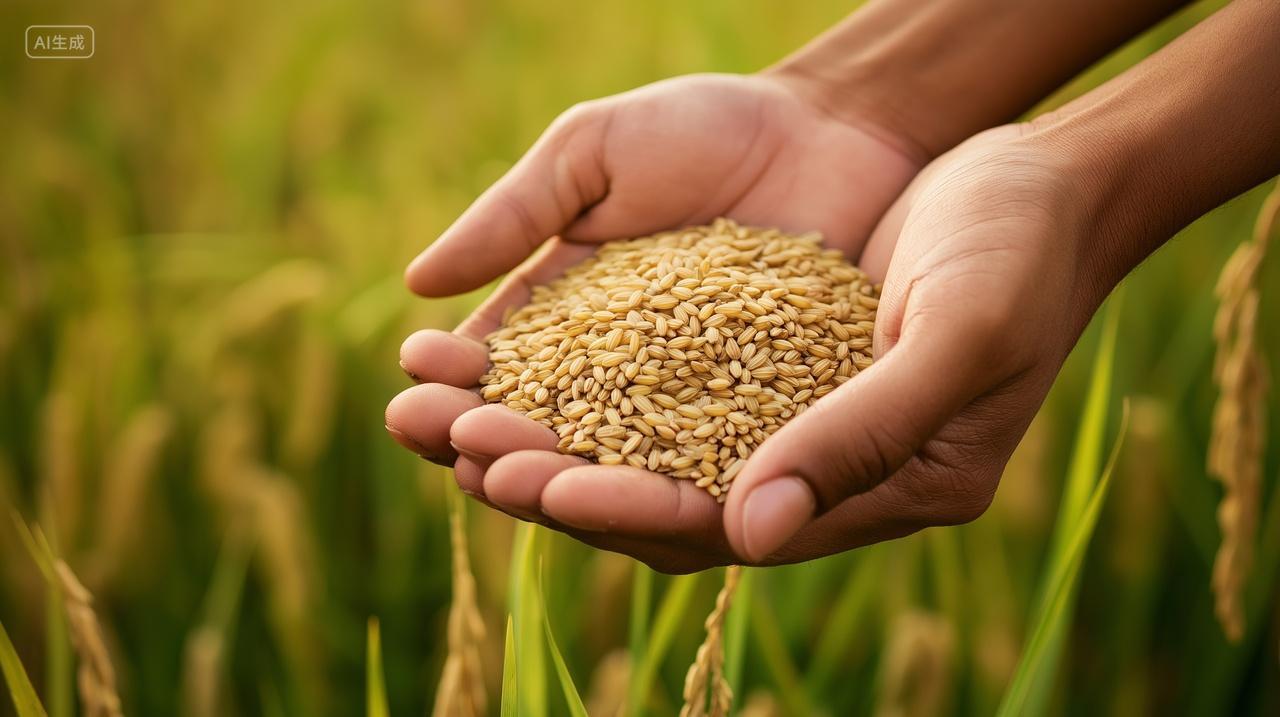 处暑稻田手捧成熟的水稻特写农业宣传