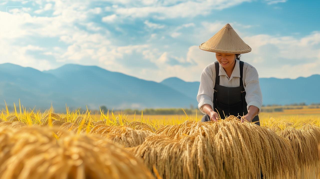 开心的农民阿姨在稻田收割稻子农业宣传