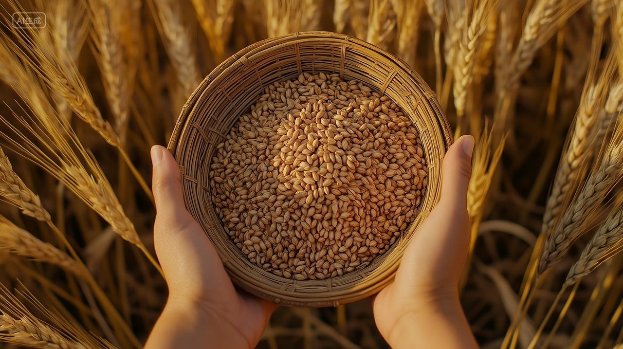 俯拍手捧筐子里的麦子农业宣传