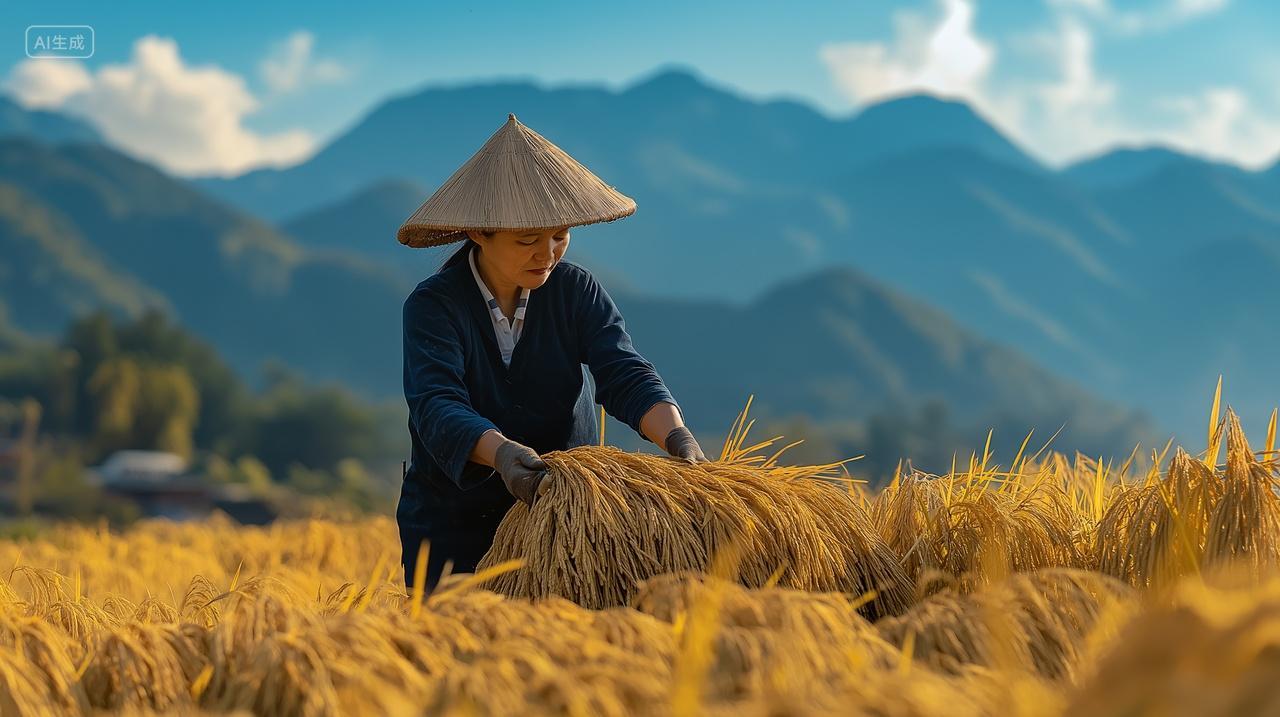 农民在稻田收割机成熟水稻农业宣传