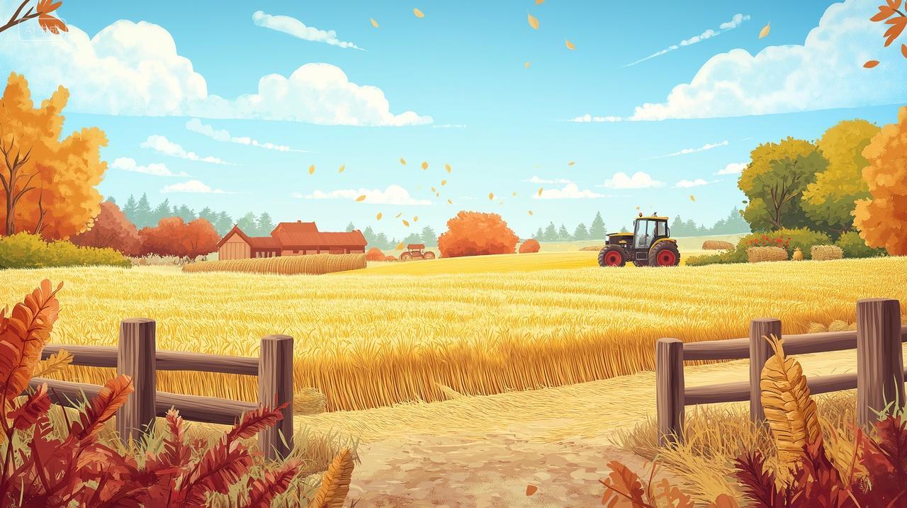 金色麦田丰收插画背景农业宣传