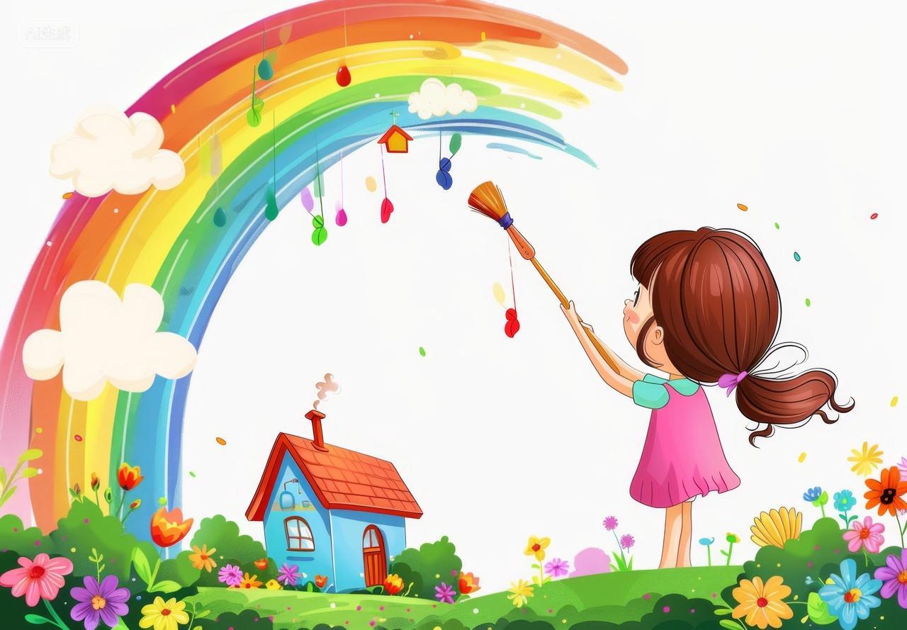 儿童卡通绘本插图女孩刷出彩虹天空