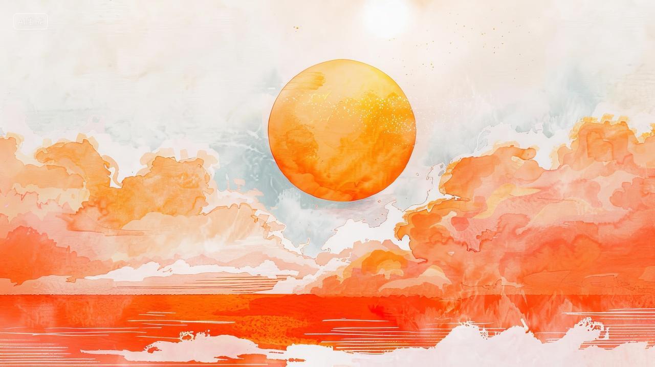 水彩风格插画日落夕阳风景