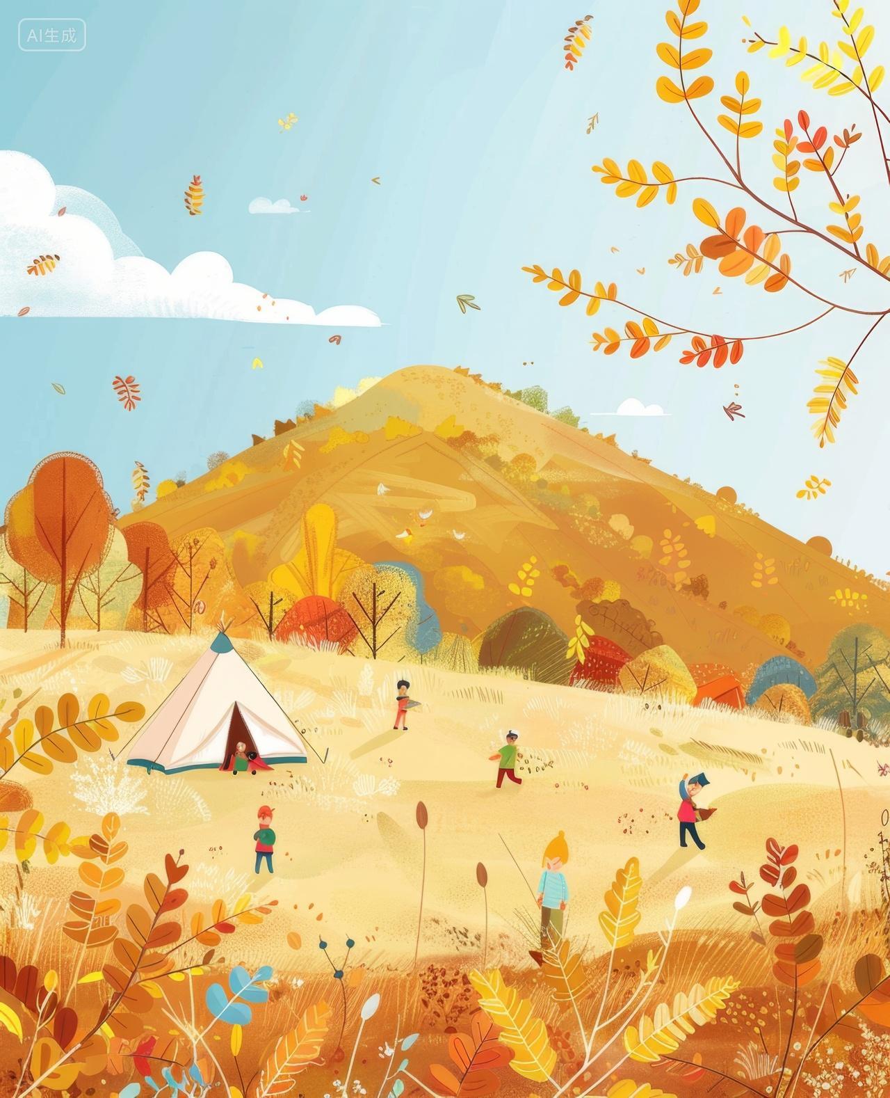 儿童卡通绘本插图秋天在山坡上露营玩耍