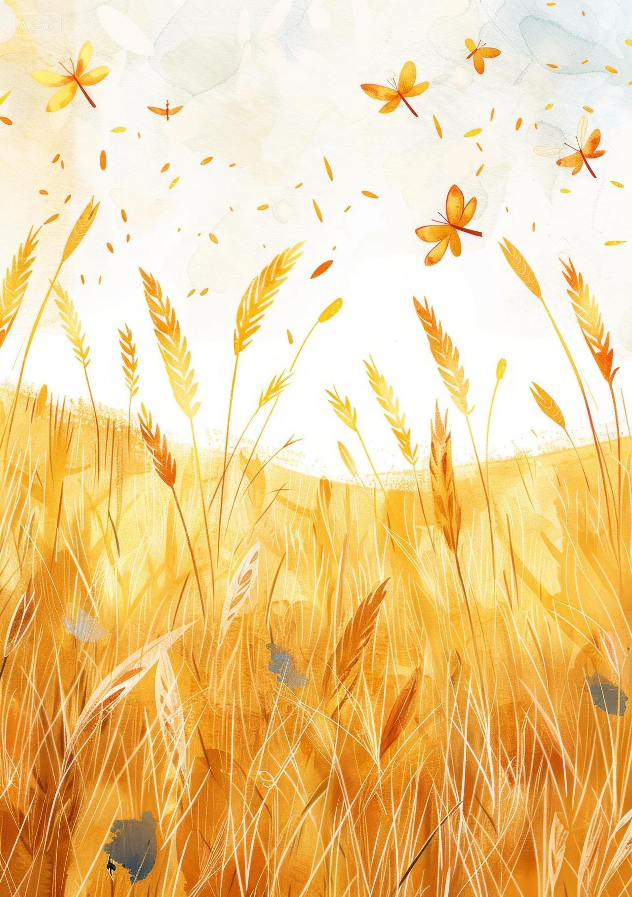 成熟的金色麦田上飞舞的蜻蜓