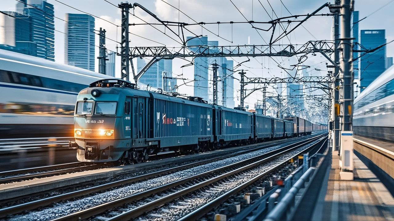 货车在铁路上行驶高速运动交通运输铁路运输