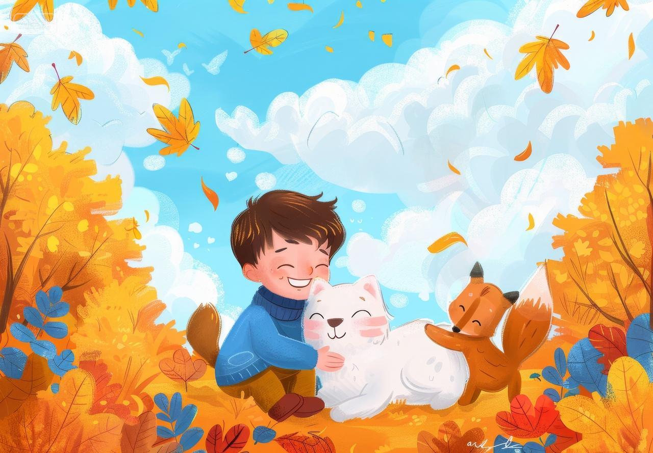秋天在户外和小猫小狗玩耍的男孩插画