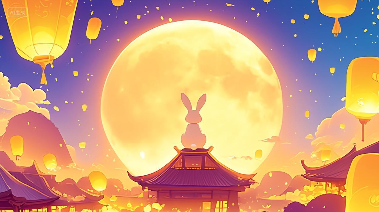 中国风插画兔子兔子在亭子上赏月中秋节背景
