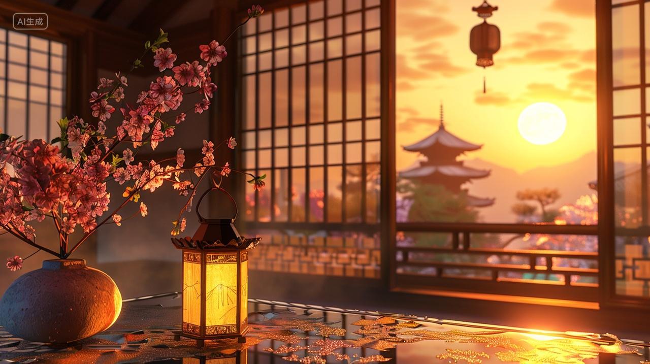 夕阳照射在古风古代窗户中秋节背景