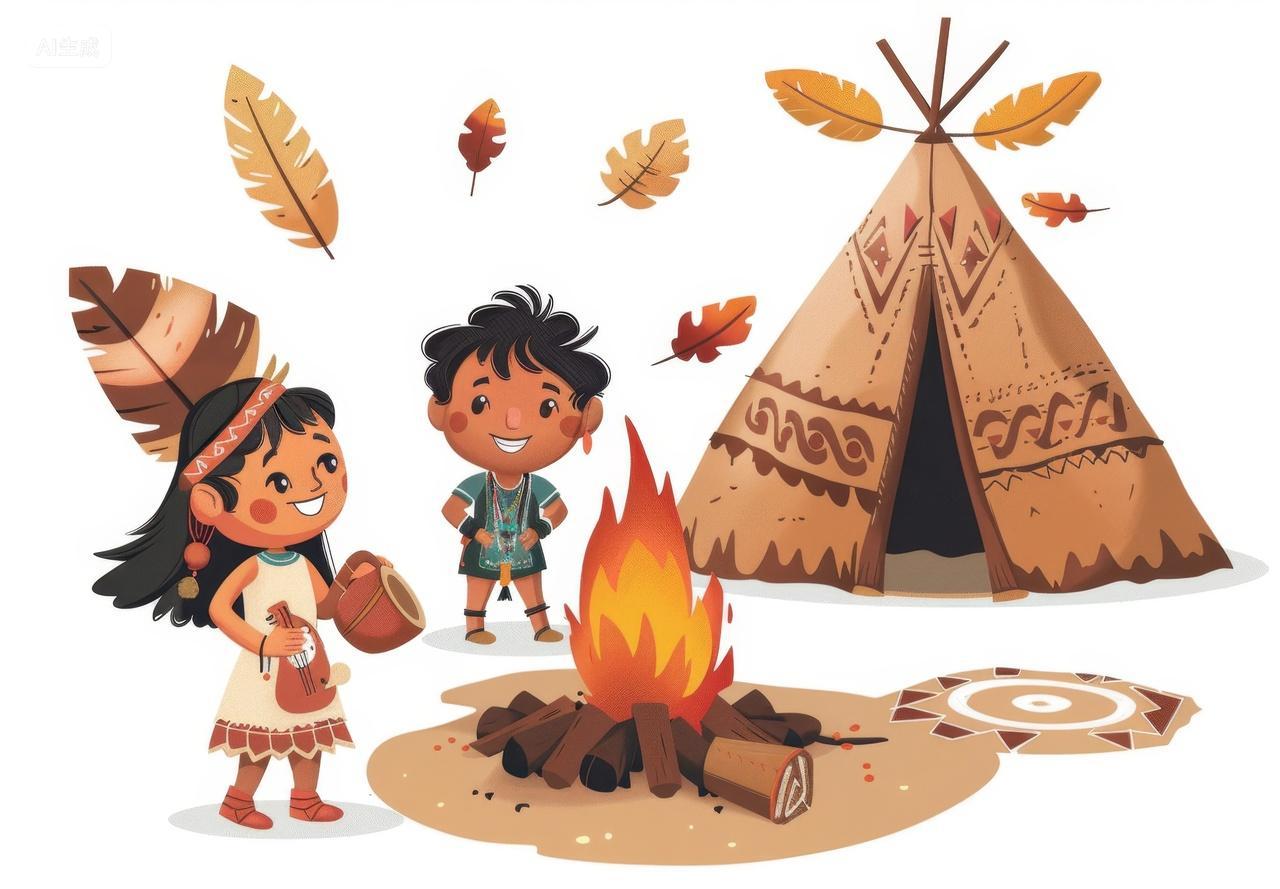 儿童卡通绘本插图印第安部落的篝火晚会