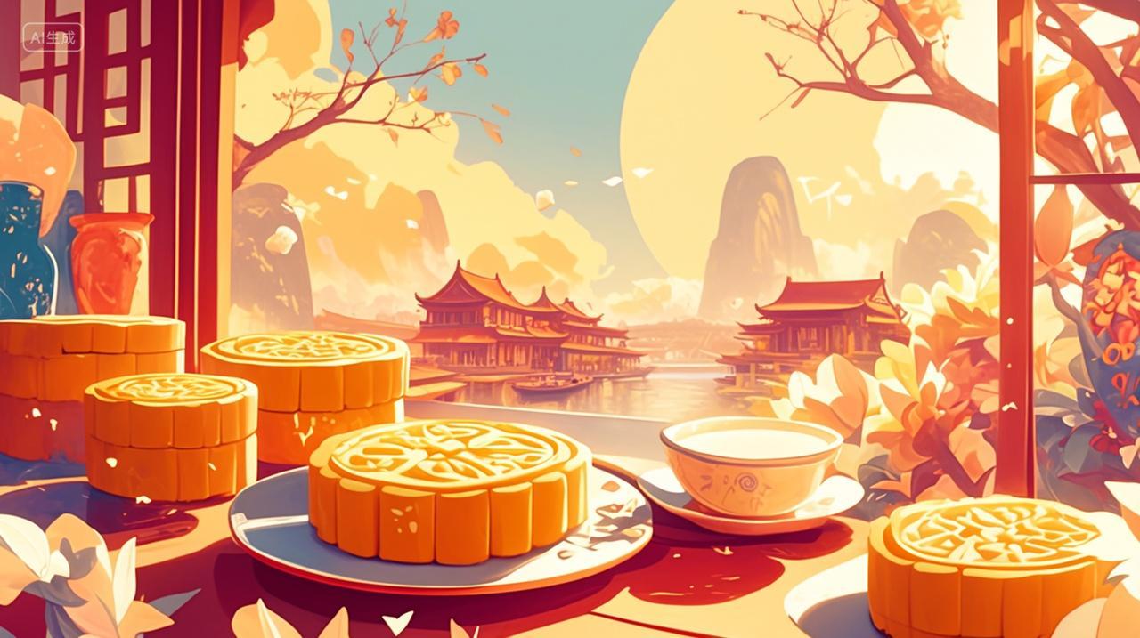 中秋插画背景盘子里的月饼古风插画