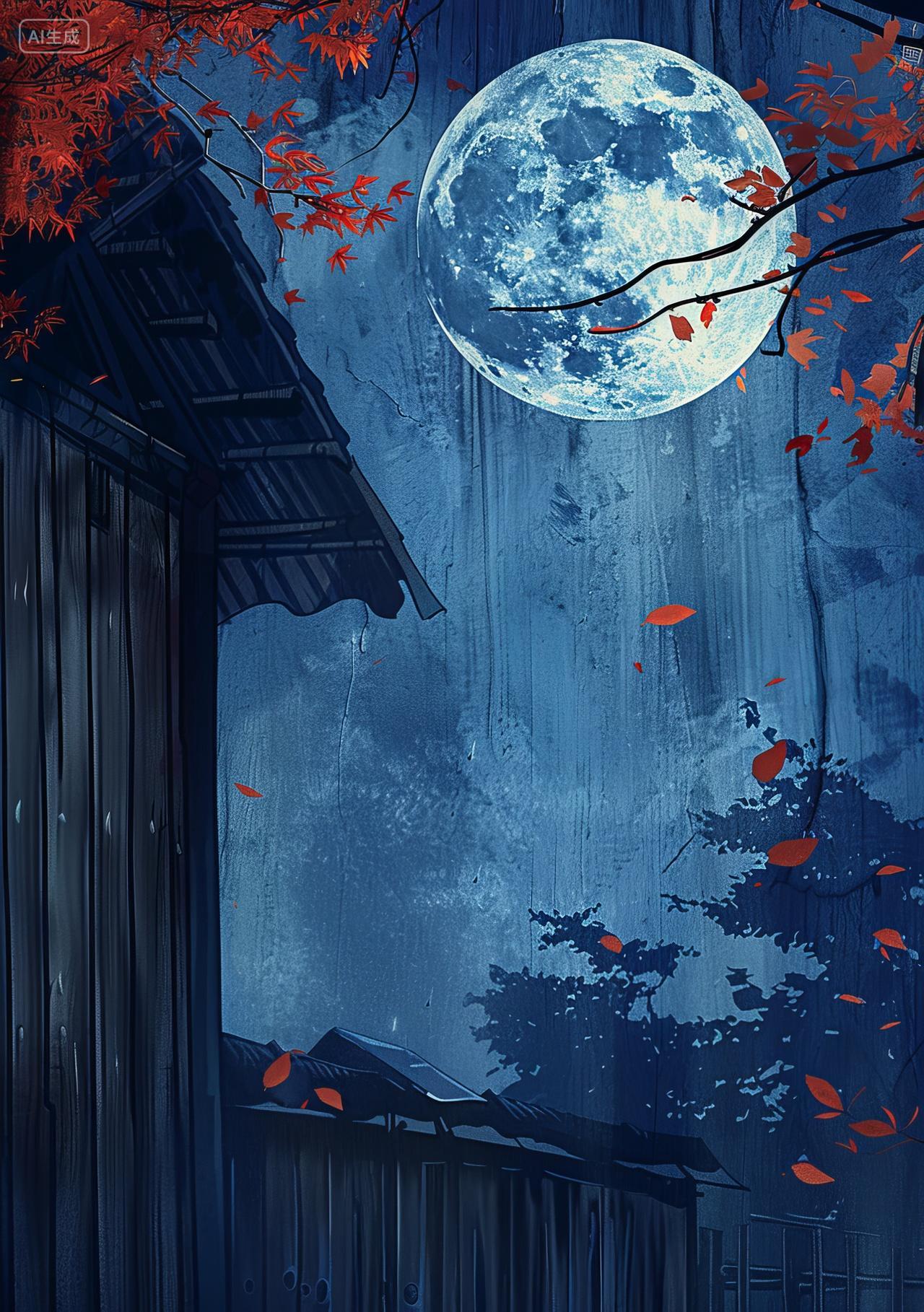 月光映照下的木屋和枫叶