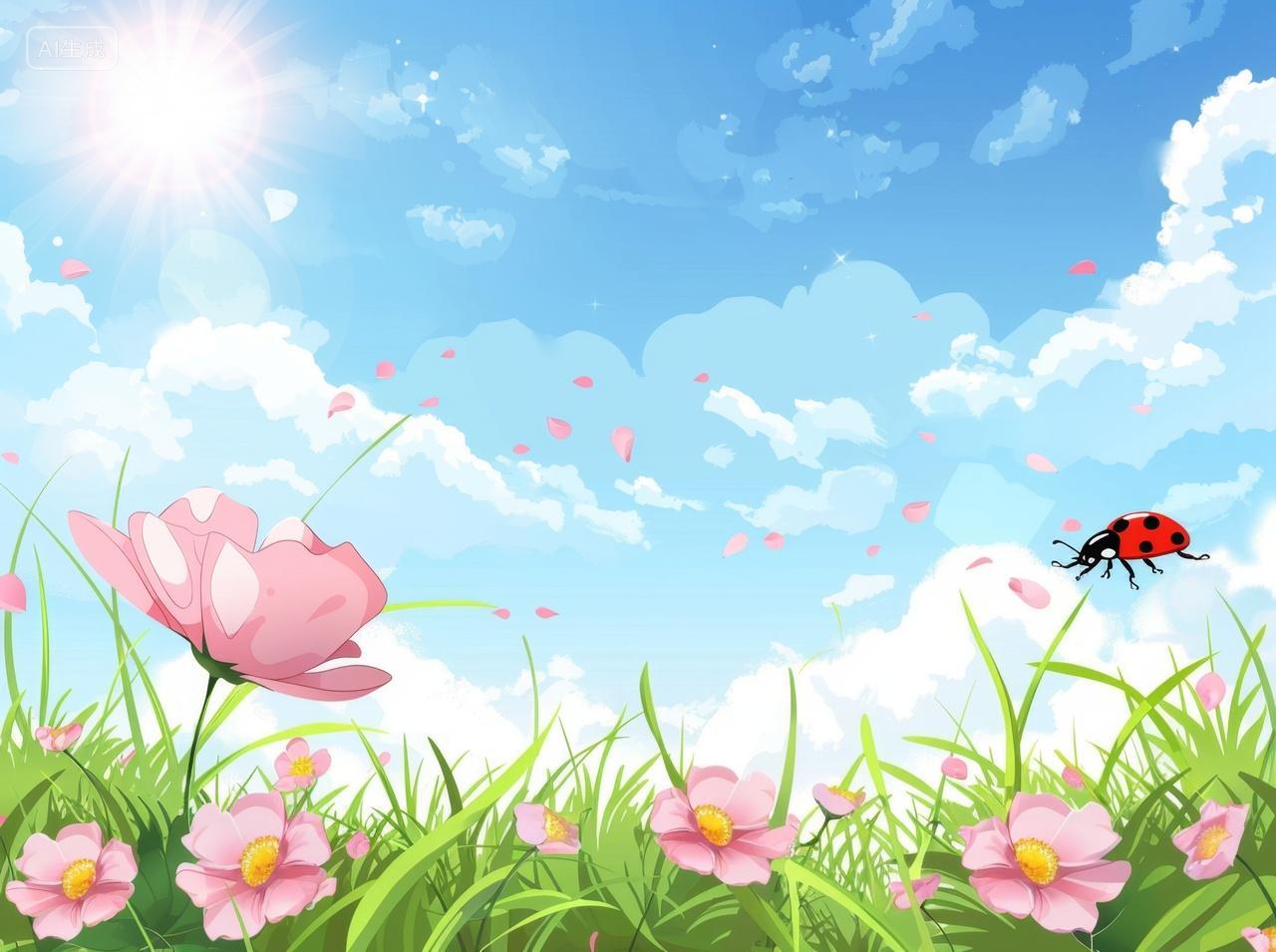 夏日户外阳光下美丽的青青草原和花朵虫子