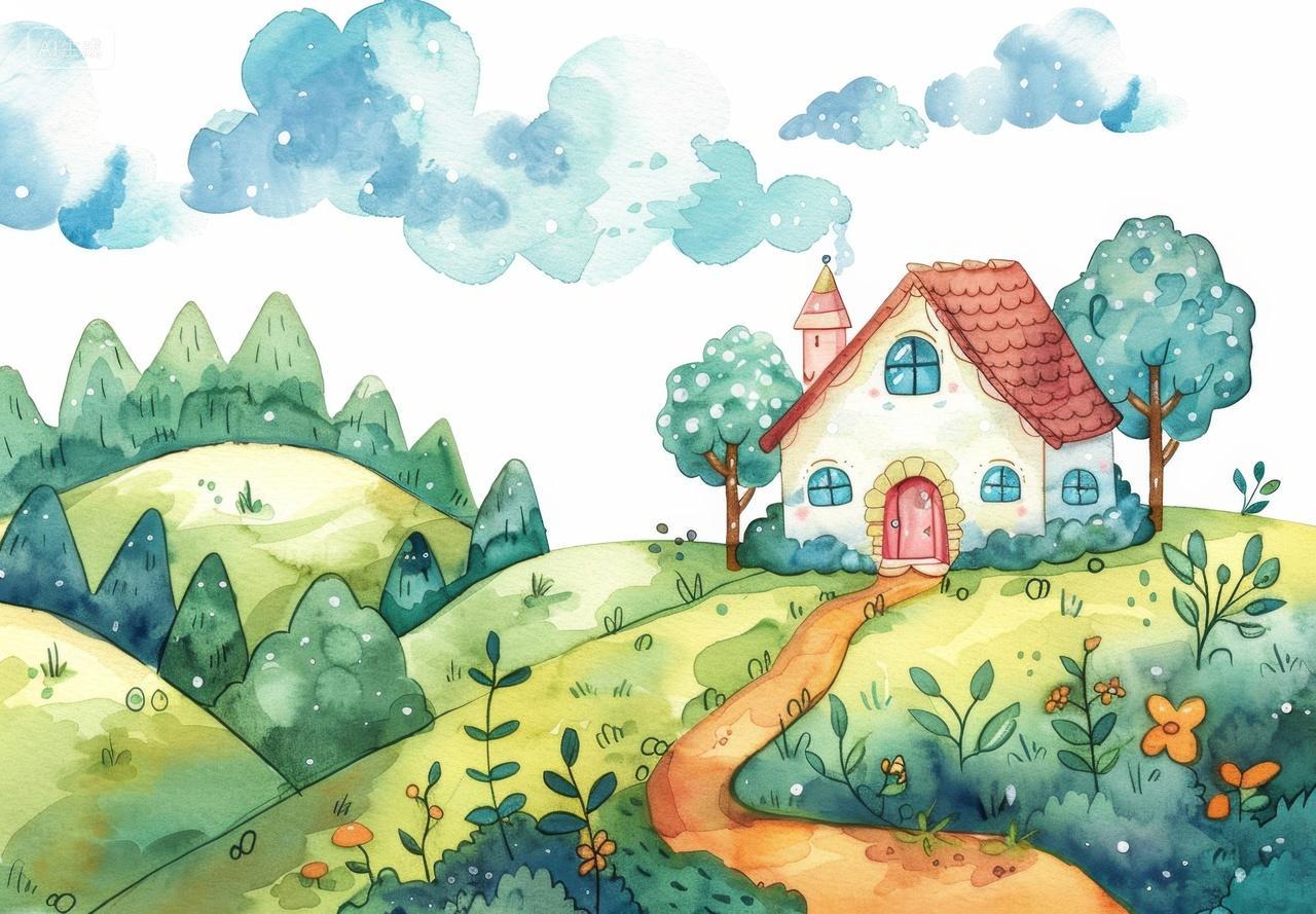 水彩插画绿色山坡的童趣小屋