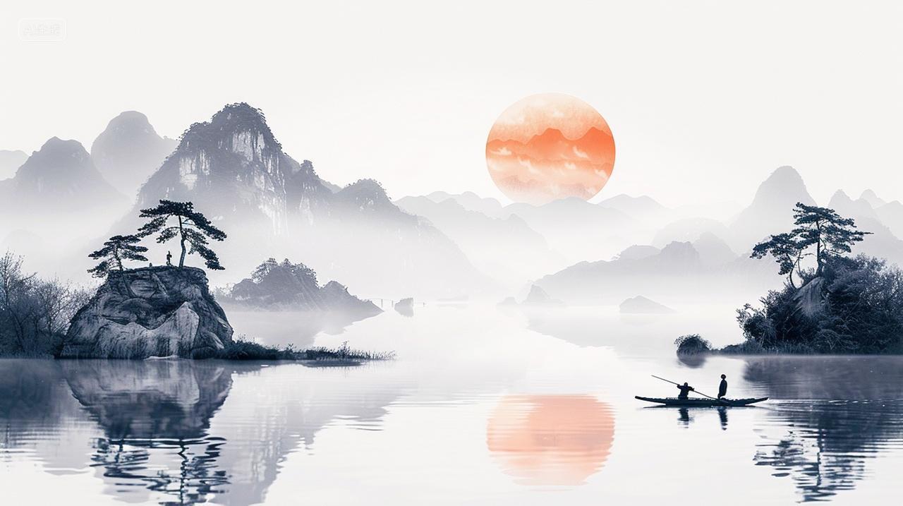 意境山水画中国风大气国画山水泛舟背景