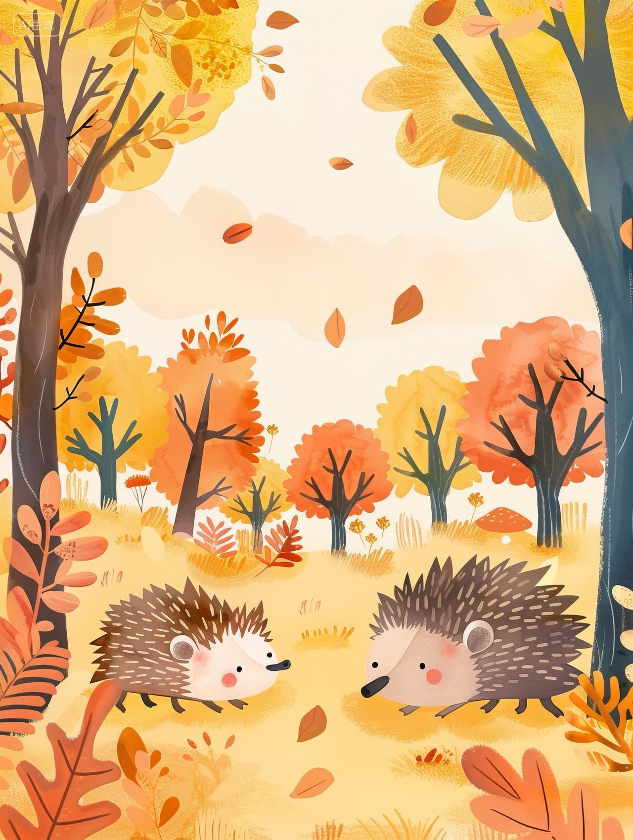 儿童卡通绘本插图秋天森林中正在觅食的刺猬