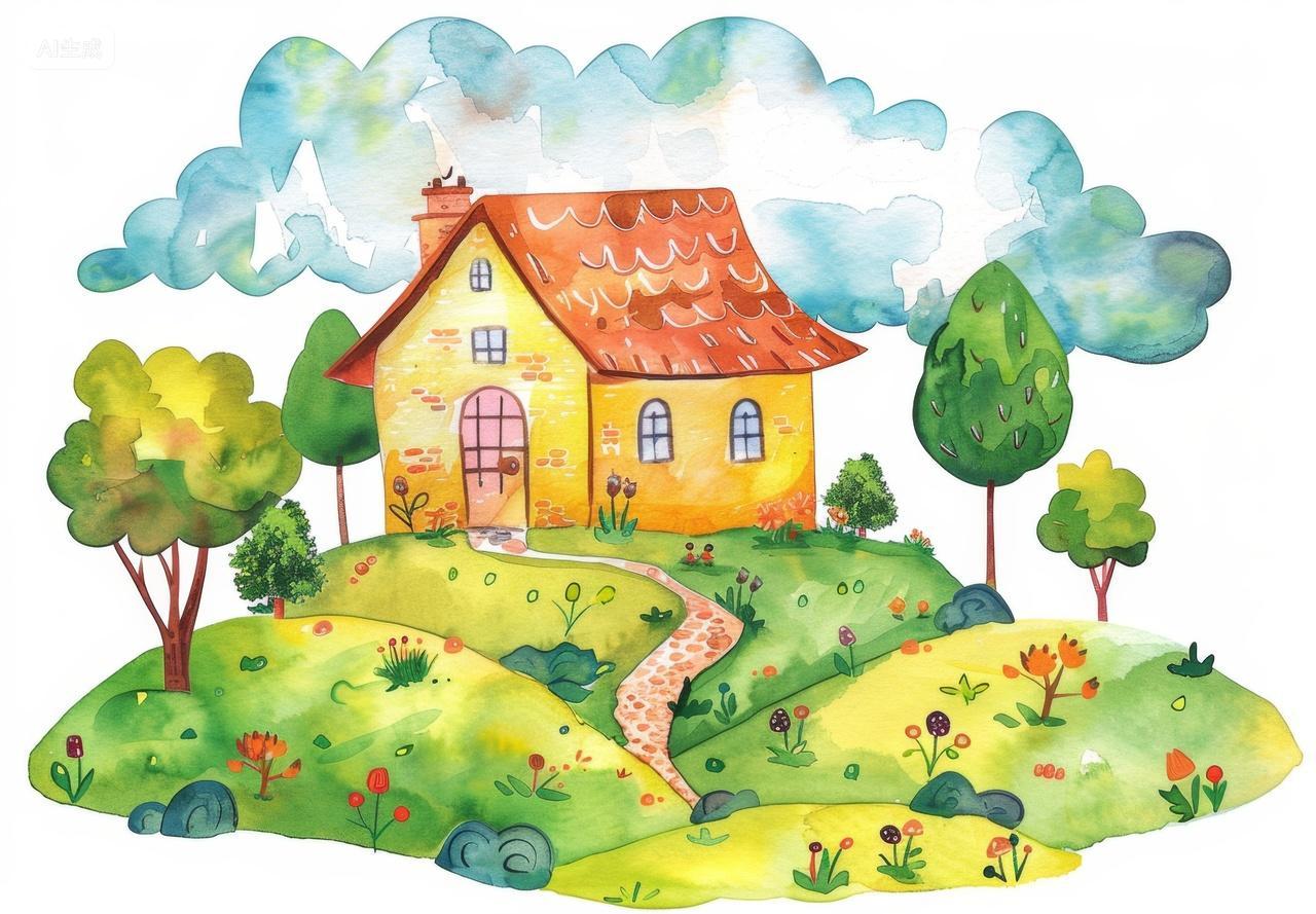 水彩插画绿色山坡的童趣小屋