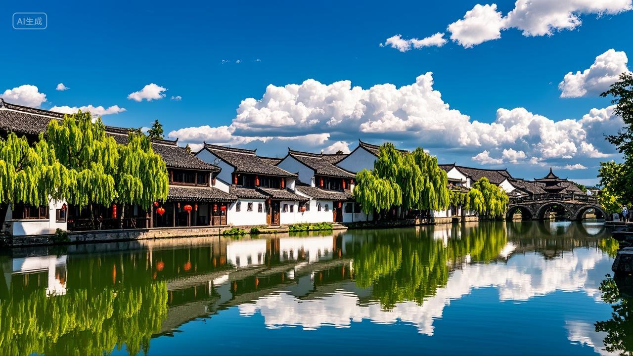 江南古镇中式建筑蓝天白云河水风景壁纸旅游