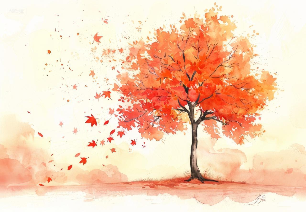 水彩画秋叶飘零和孤独的树