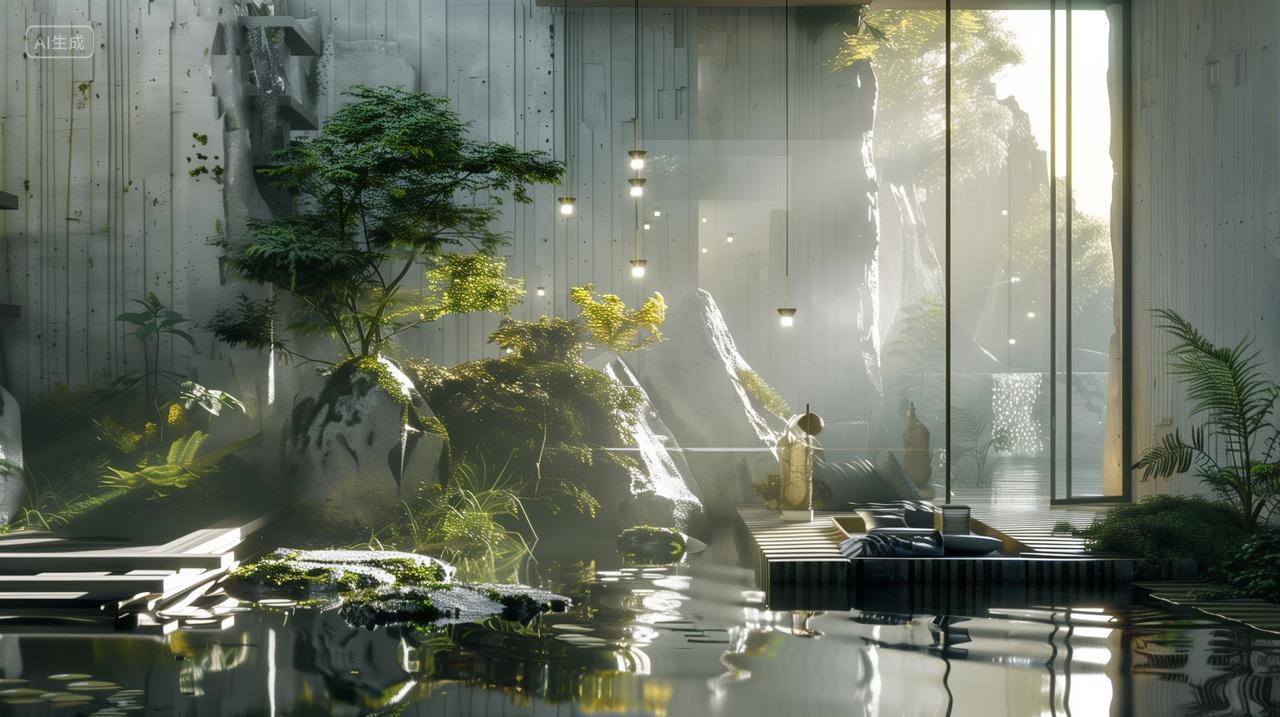 室内的水景园林设计布置结合了自然和现代元素