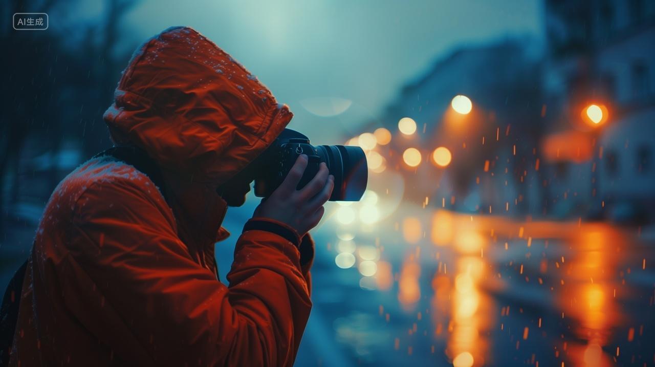 一位穿红色夹克的摄影师在雨雪中的街头拍照