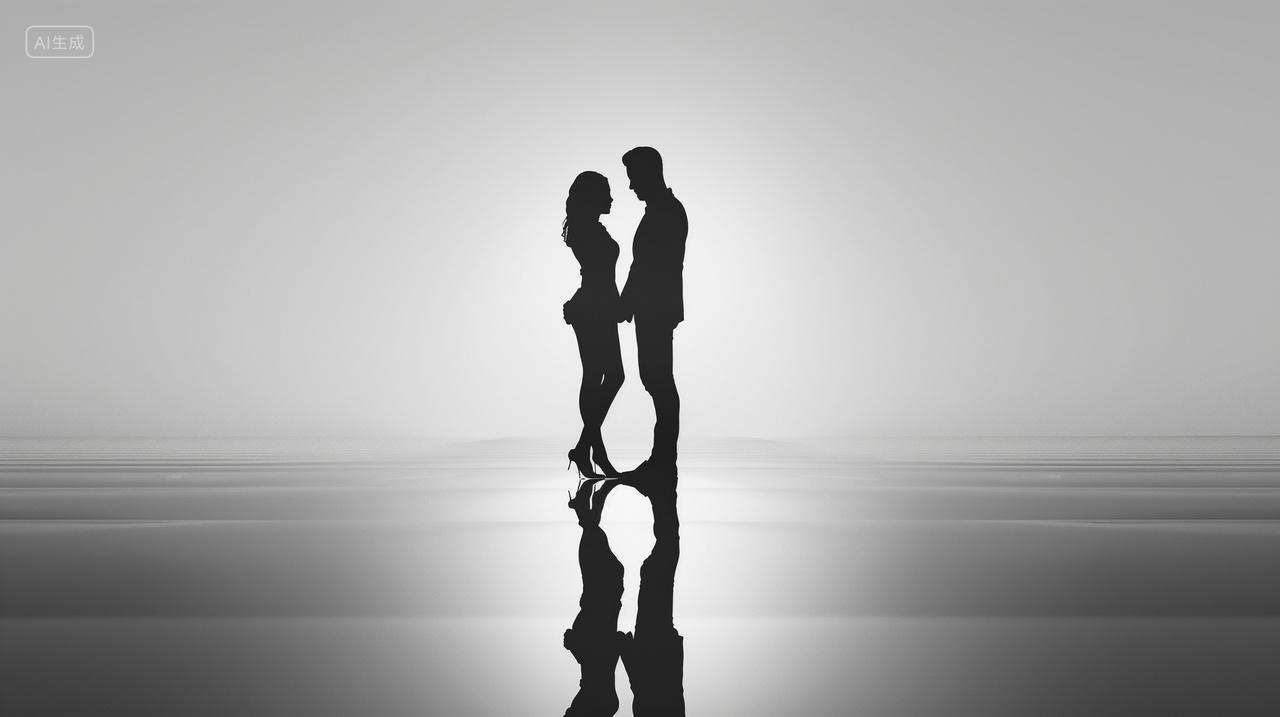 黑白剪影情侣并肩倒影水面