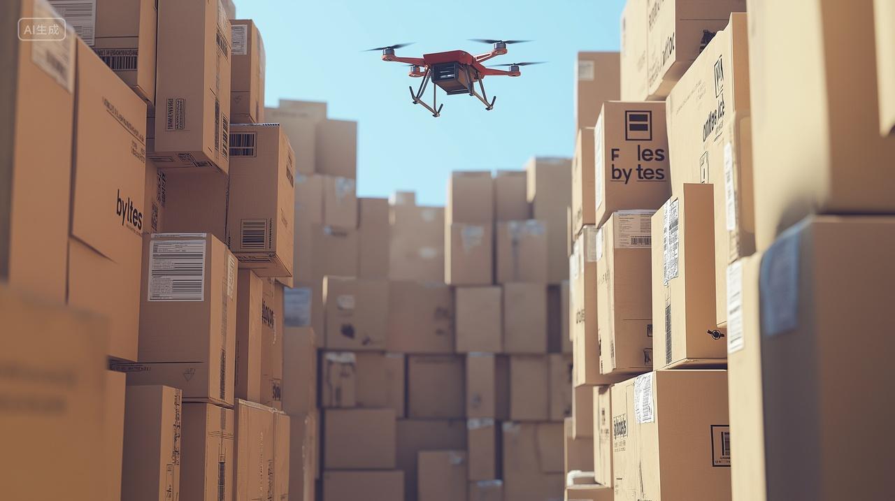 无人机检查仓库里面堆积的物流箱子物流背景