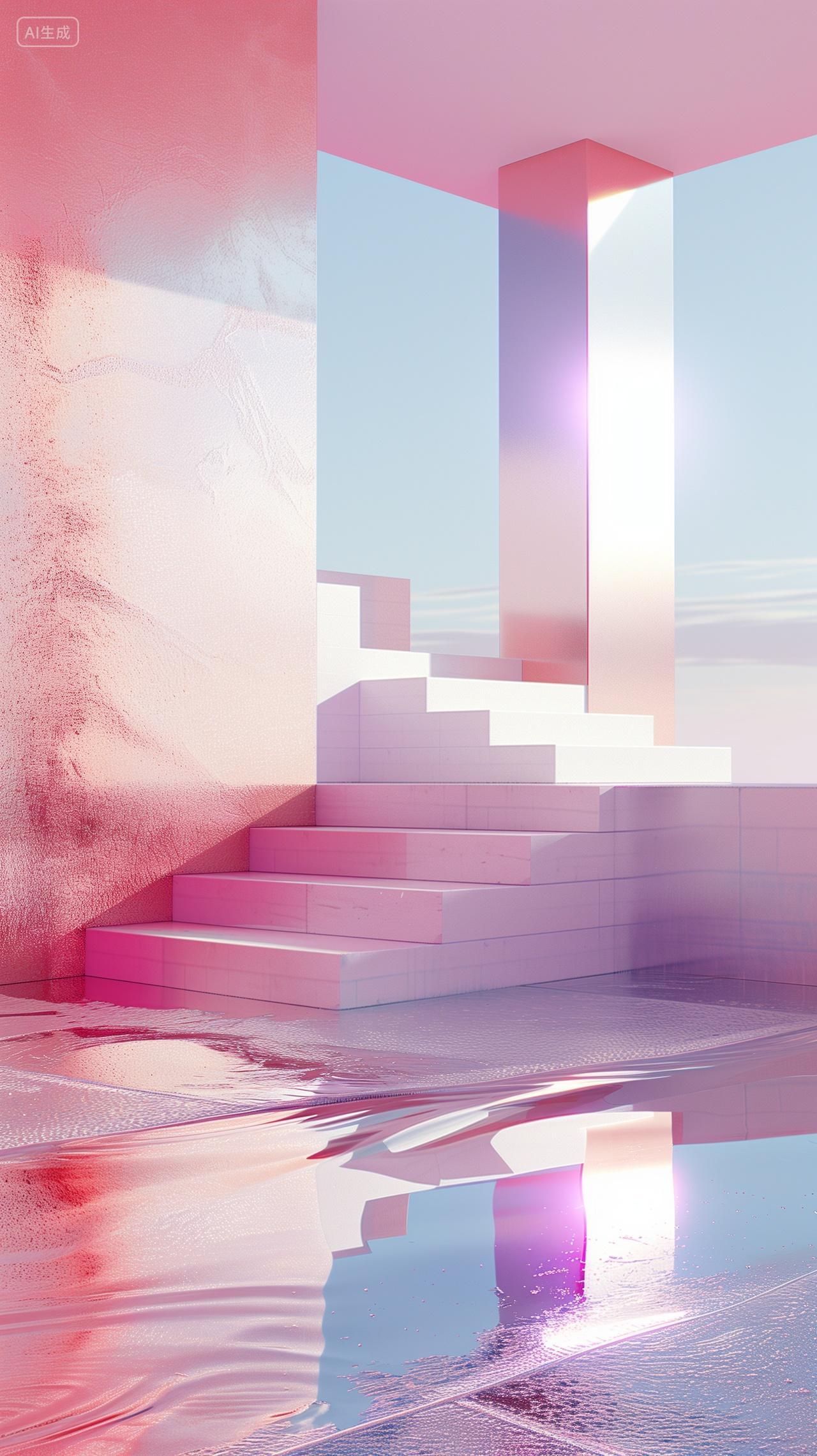 粉色与白色交织的楼梯空间结构在阳光下
