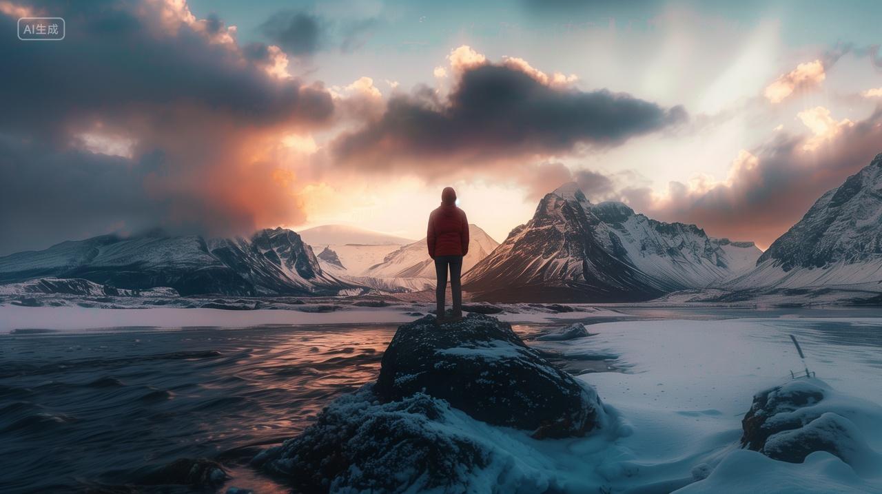 日出时一位身穿红色夹克的人站在雪山前的岩石上