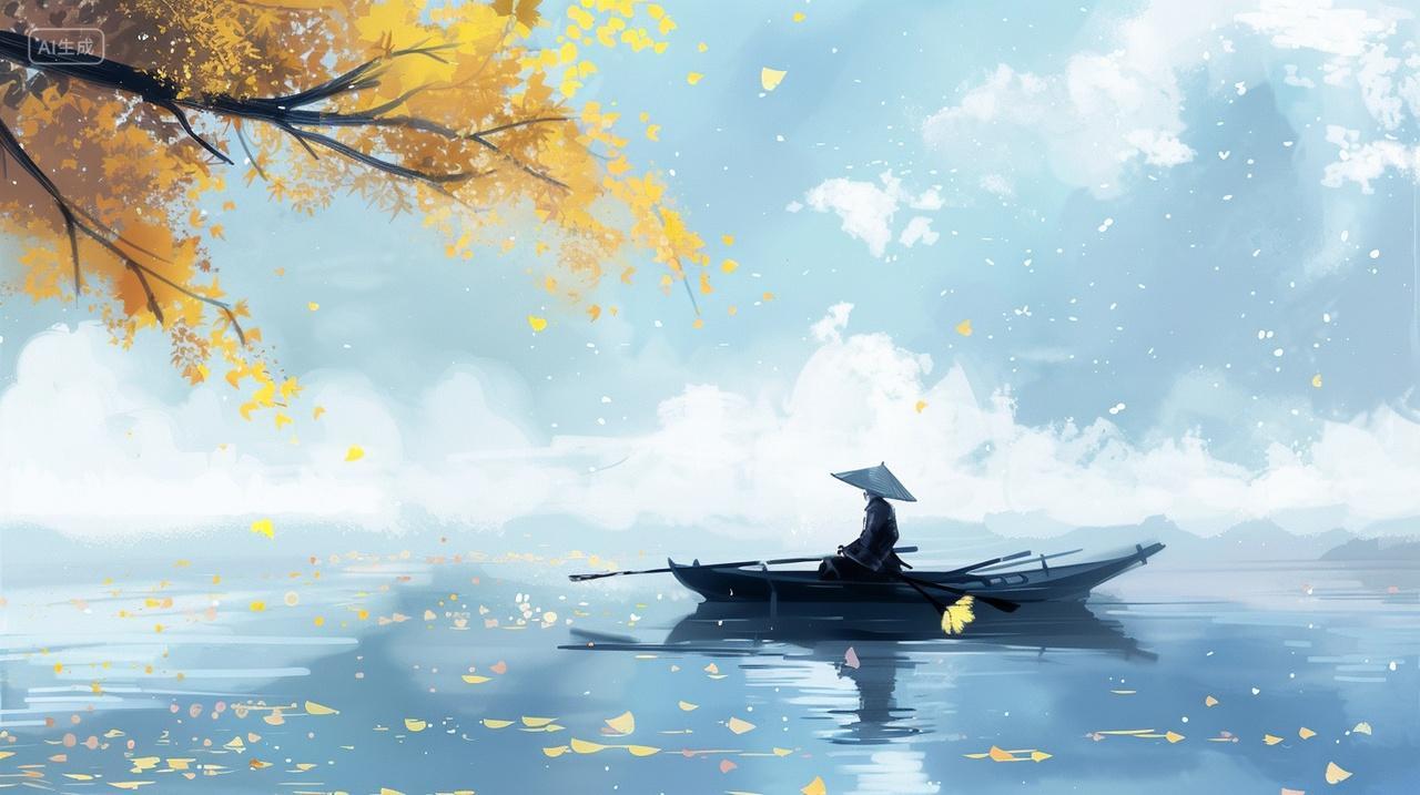 立秋银杏叶黄落人在湖泊上划船秋分宁静古风素材插画