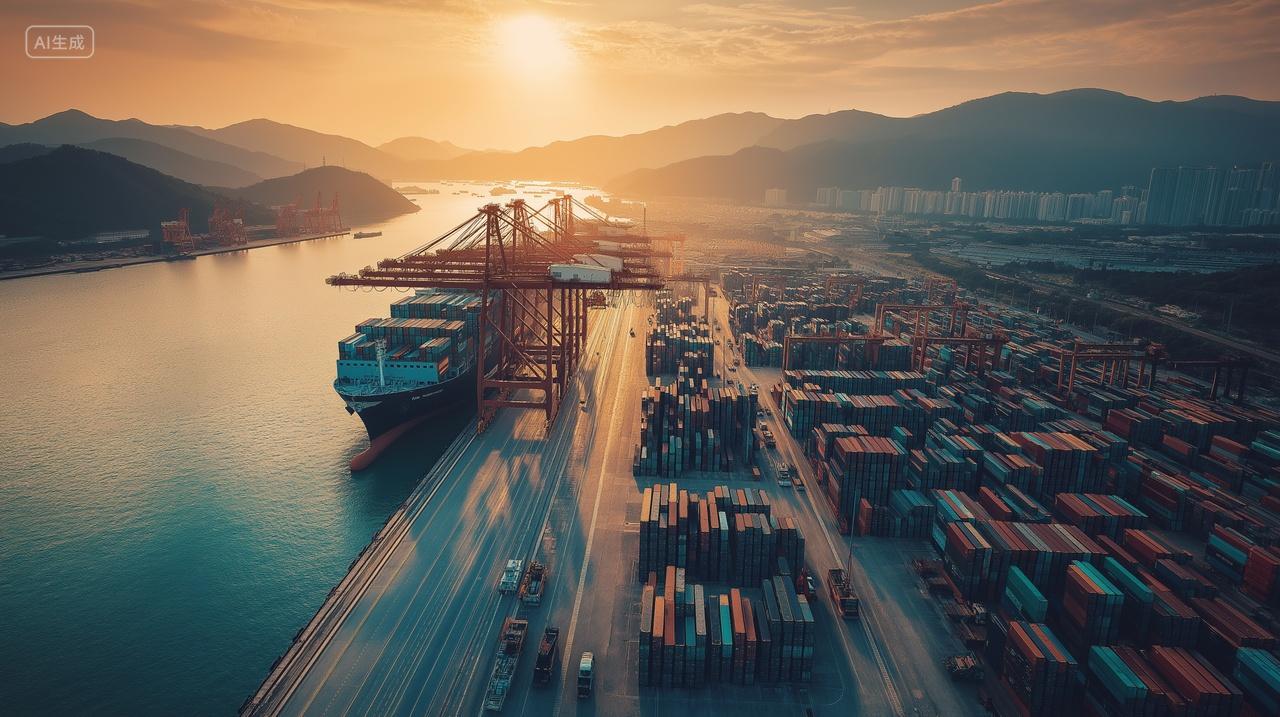 航拍夕阳下繁忙集装箱码头货物运输出口贸易背景