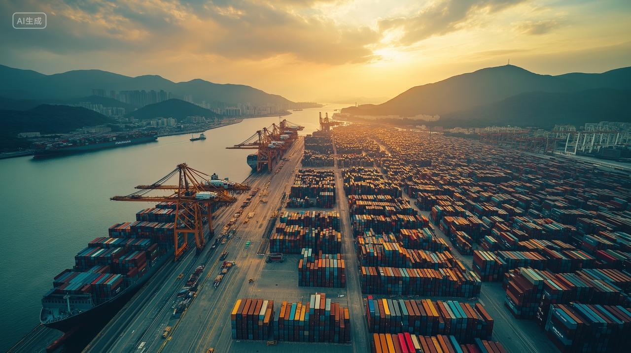 航拍夕阳下的码头集装箱繁忙物流运输货运出口背景