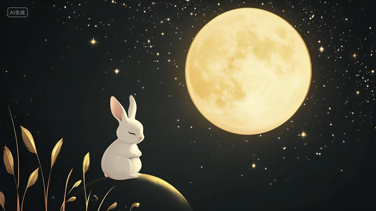 中秋之夜玉兔皎洁满月星空宁静温馨美丽幸福浪漫柔和中秋素材插画