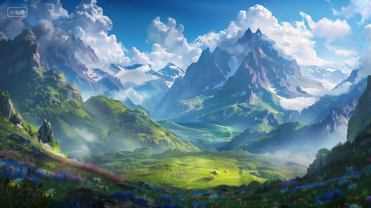 蓝天白云下美丽的山谷充满了五彩缤纷的花朵靠山