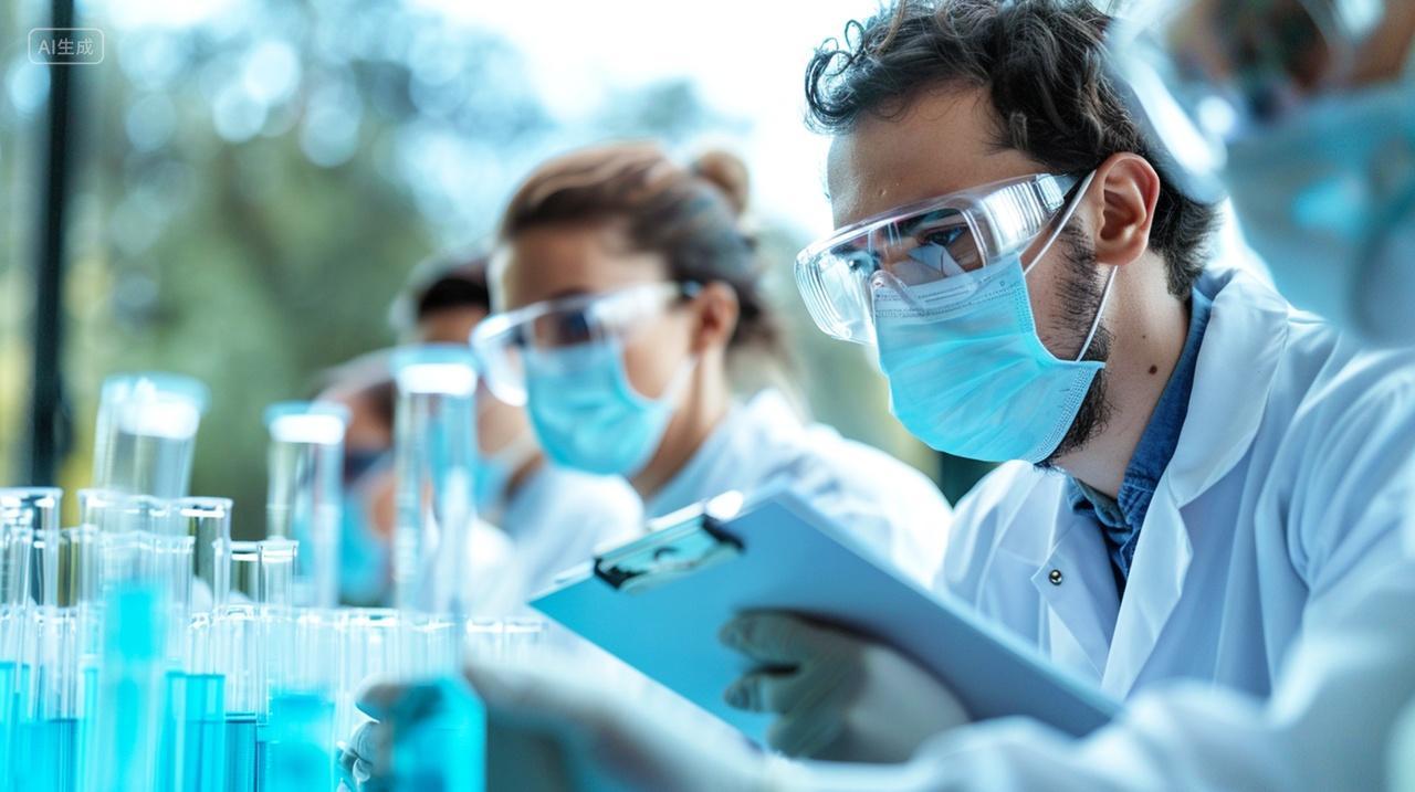 外国科学家手在记录板记录试管里面溶液的变化医疗实验