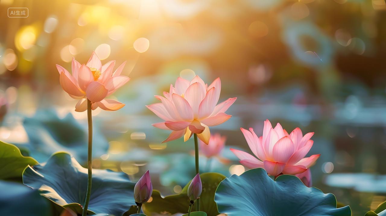 夕阳下的荷花池景自然风景