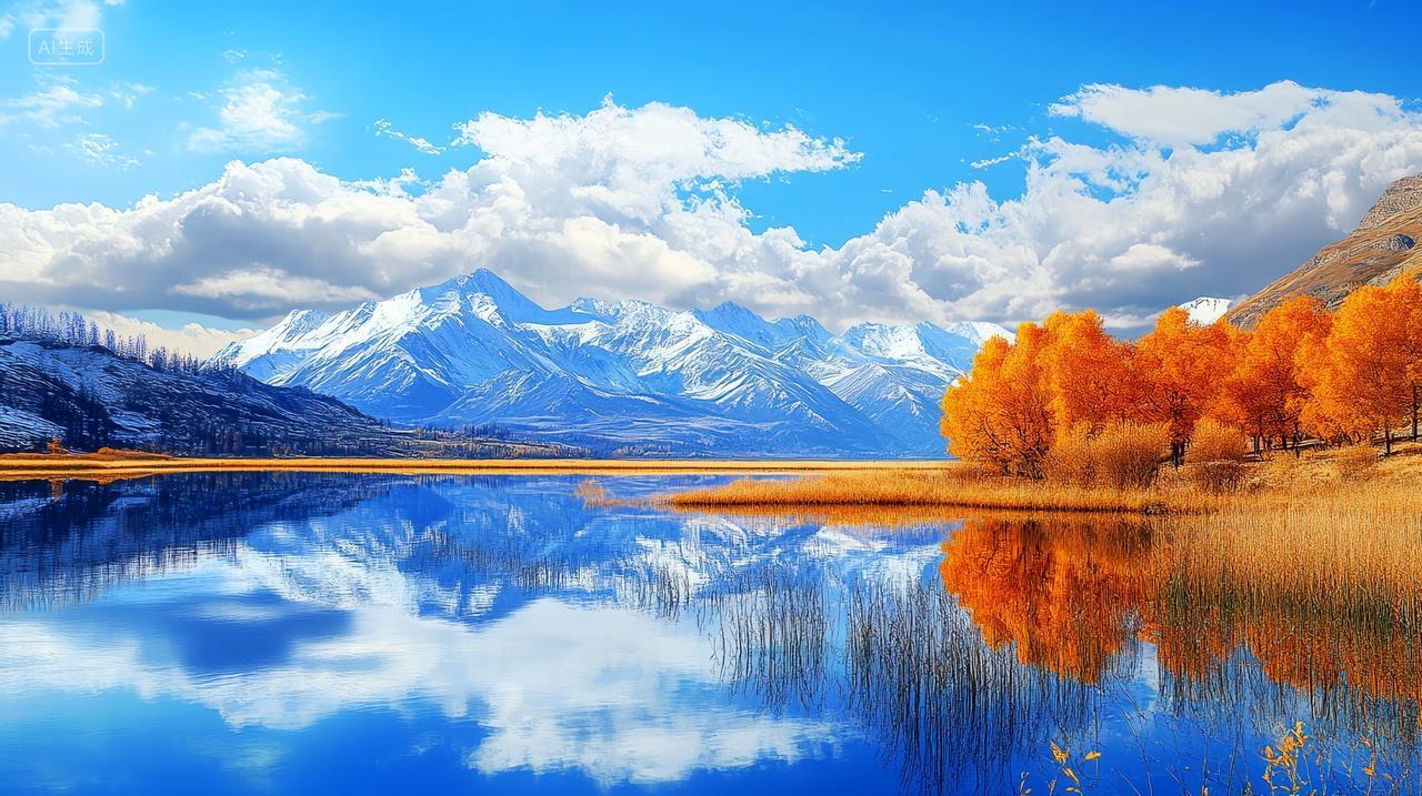 新疆雪山下的湖泊胡杨