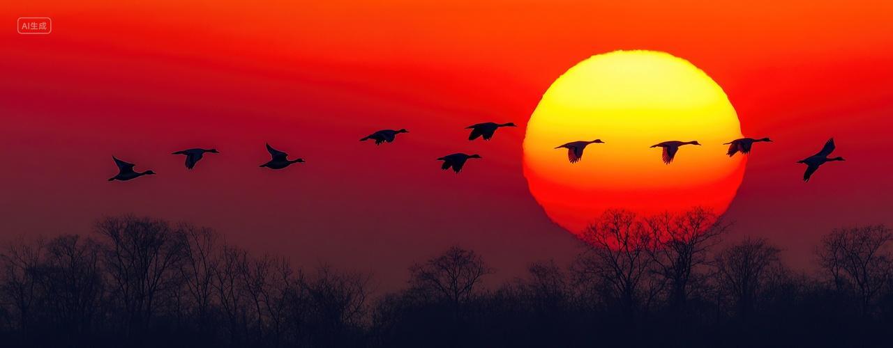 一群白鹭从夕阳下飞过二十四节气