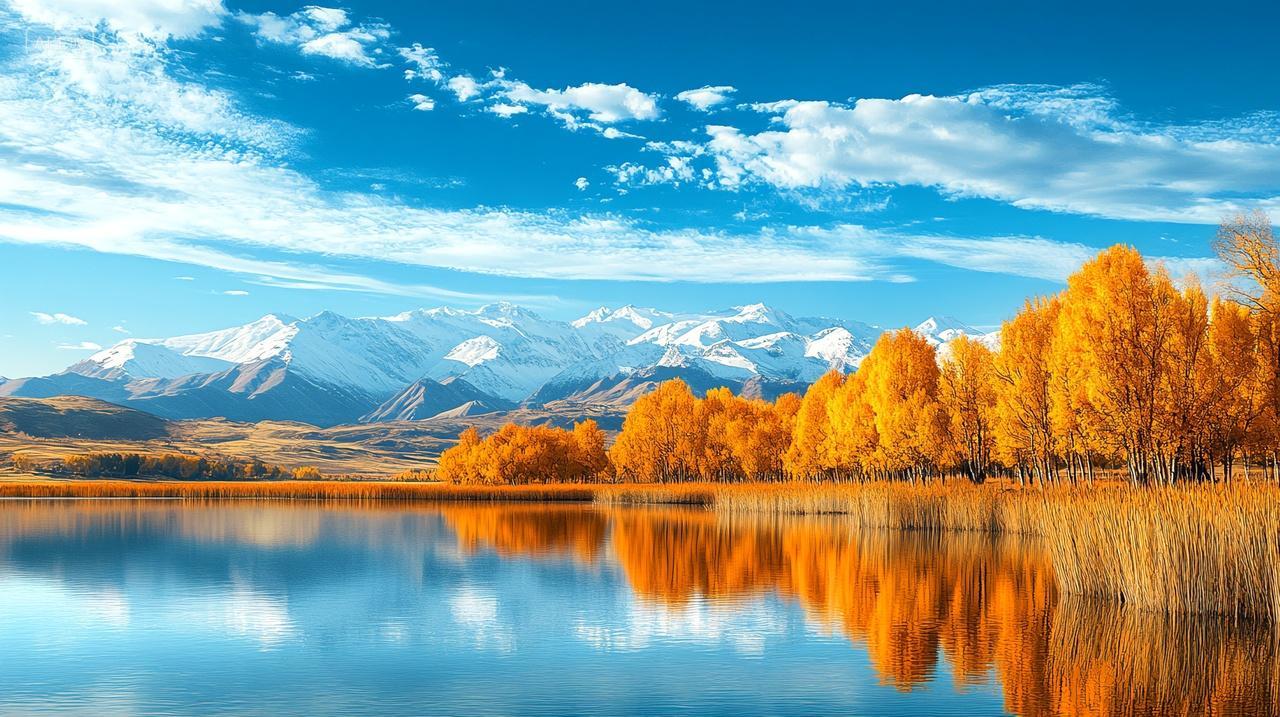 新疆雪山下的湖泊胡杨