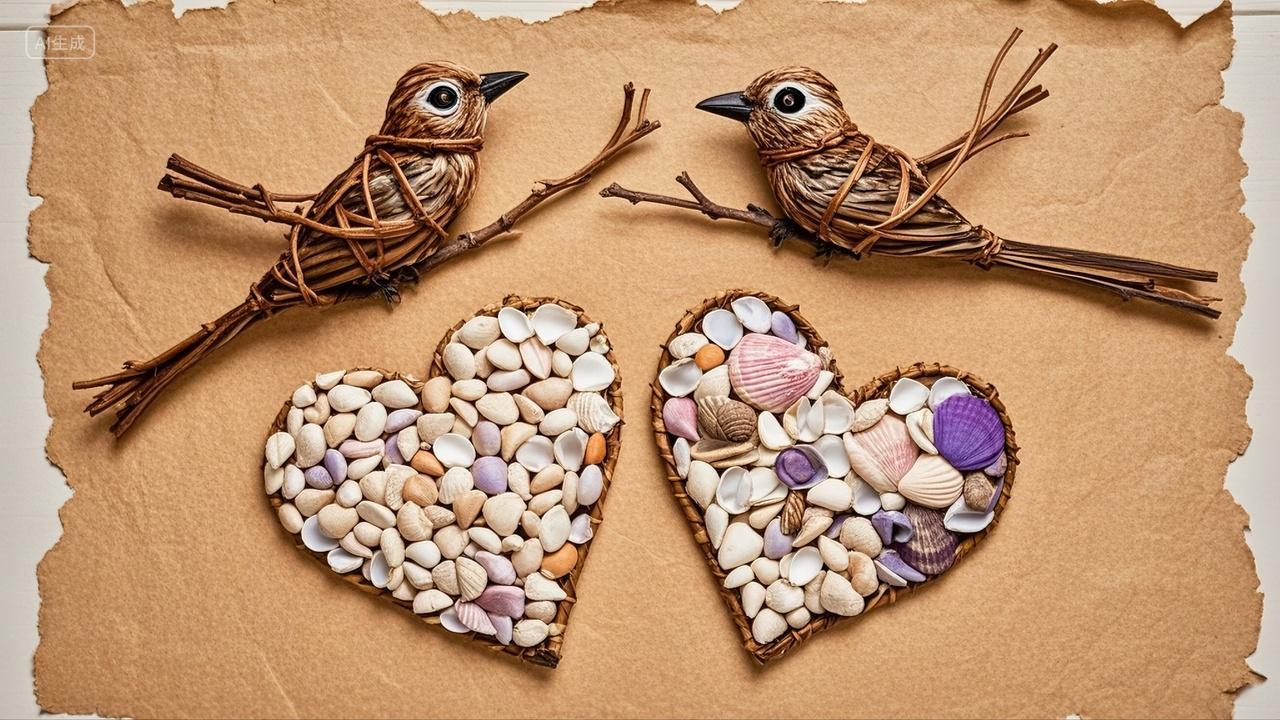 彩色贝壳爱心藤条编织的小鸟爱情主题七夕情人节520