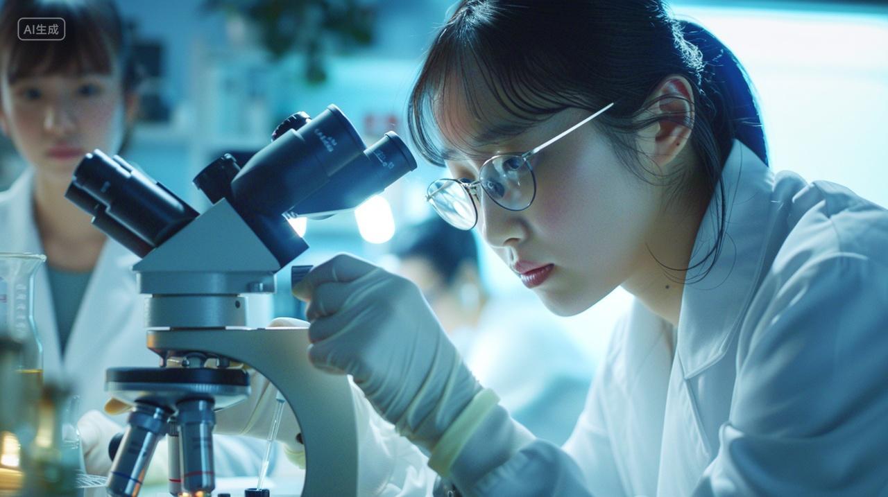 医疗女实习生使用显微镜观察实验变化医疗科技