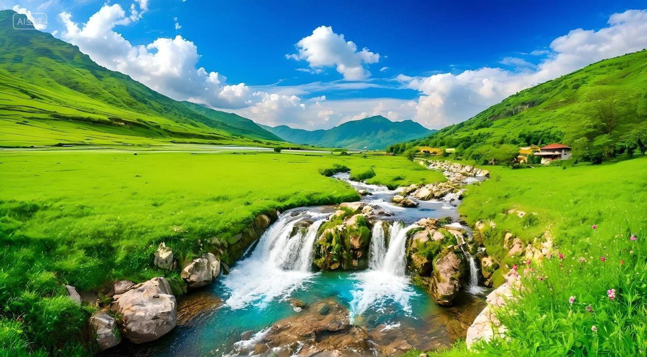 蓝天白云高山流水绿色草地清新壁纸