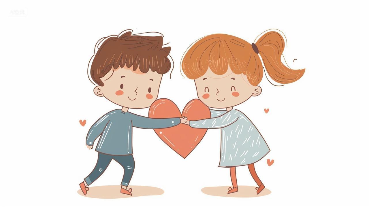 感恩节两小朋友手拿爱心温馨浪漫七夕感恩温暖插画