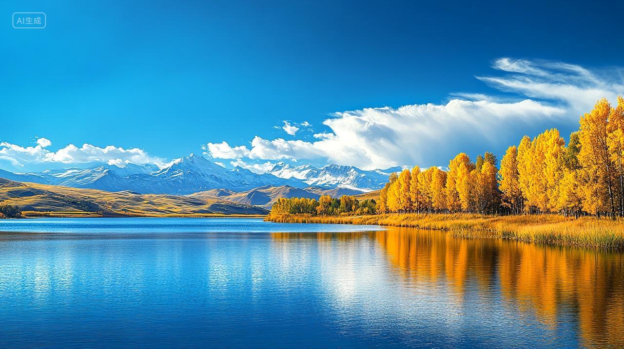 新疆雪山下的湖泊胡杨