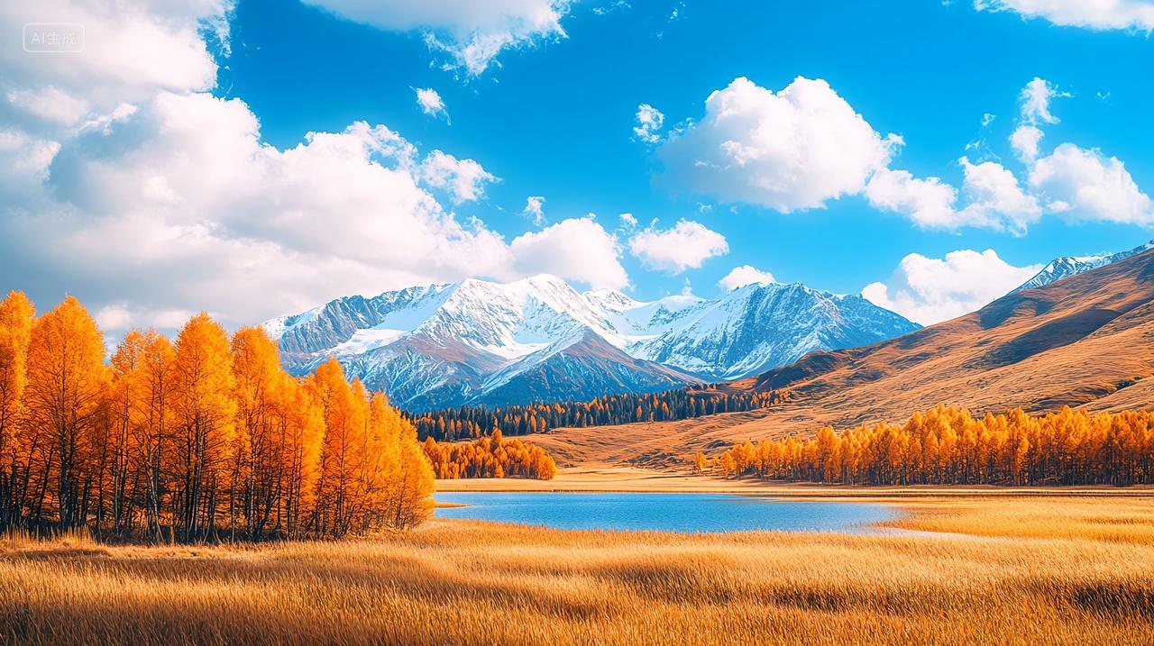 新疆雪山下的湖泊胡杨